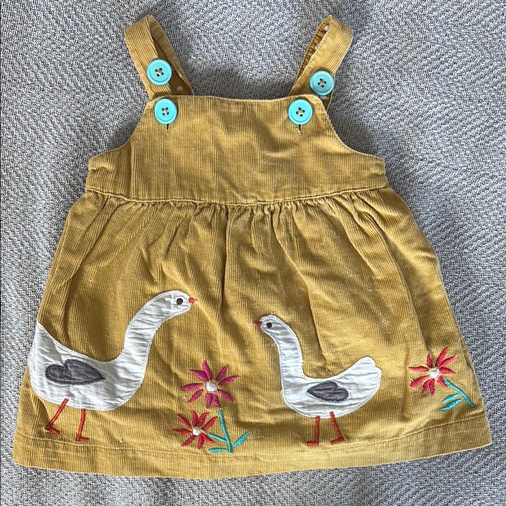 Easter Corduroy Overall Dress with Goose Embroidery